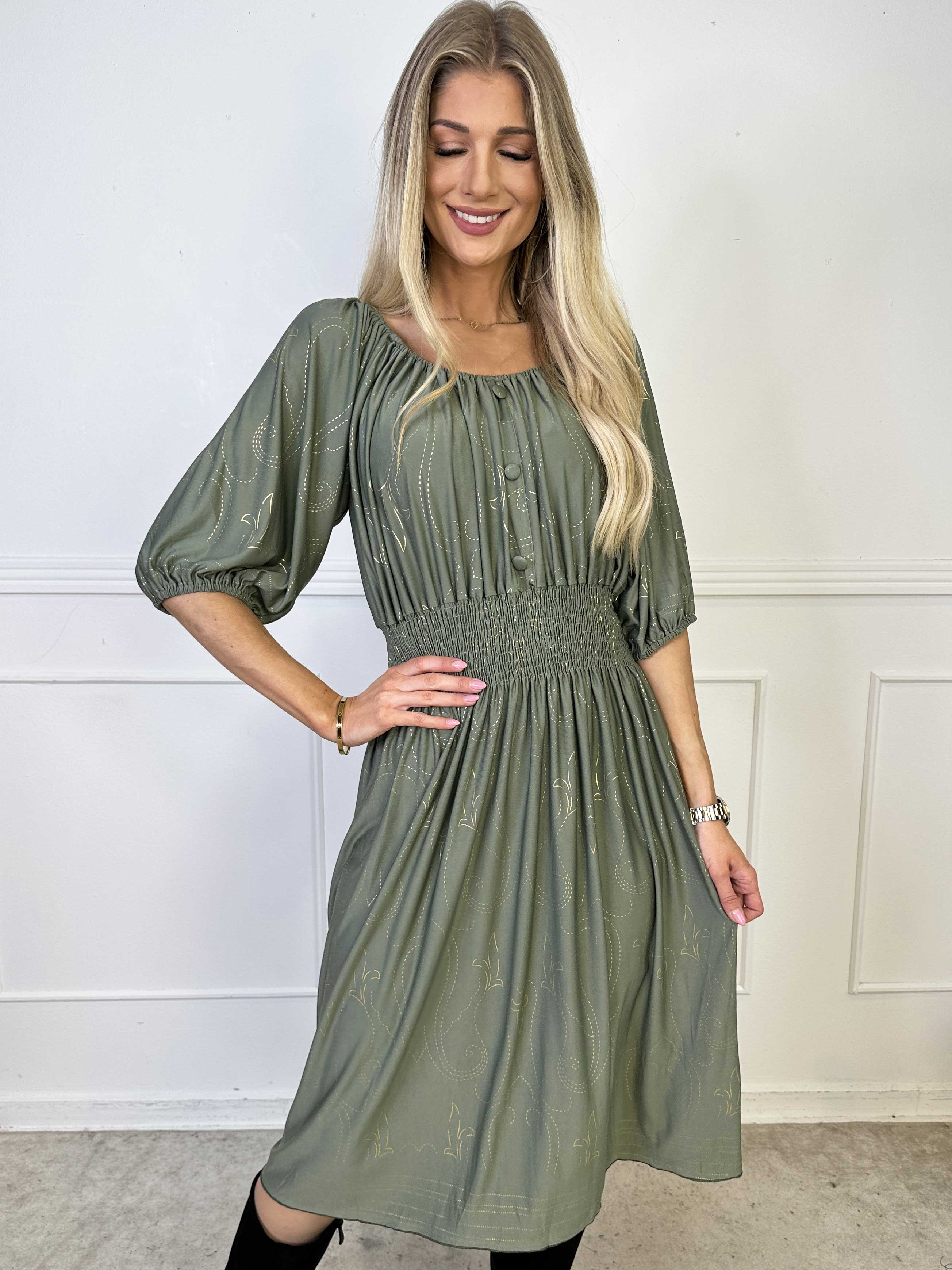 Cora Royal Gold Midi - Elastisk kjole med guld print